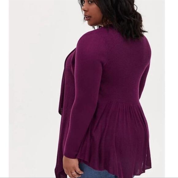 Torrid Plum Asymmetrical Hem Open Draped Cardigan - Picture 3 of 12